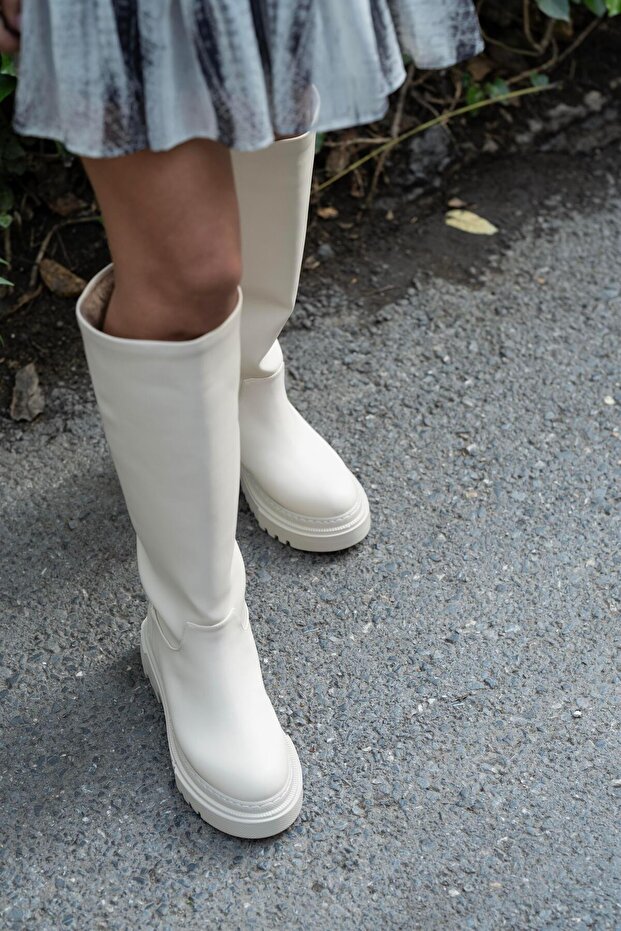 Kalın Taban Çizme Bej - 3