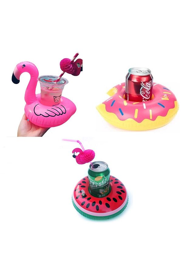 Donut Karpuz Flamingo 3lü Şişme Havuz Deniz Bardak Tutucu Float Bar Set - 1