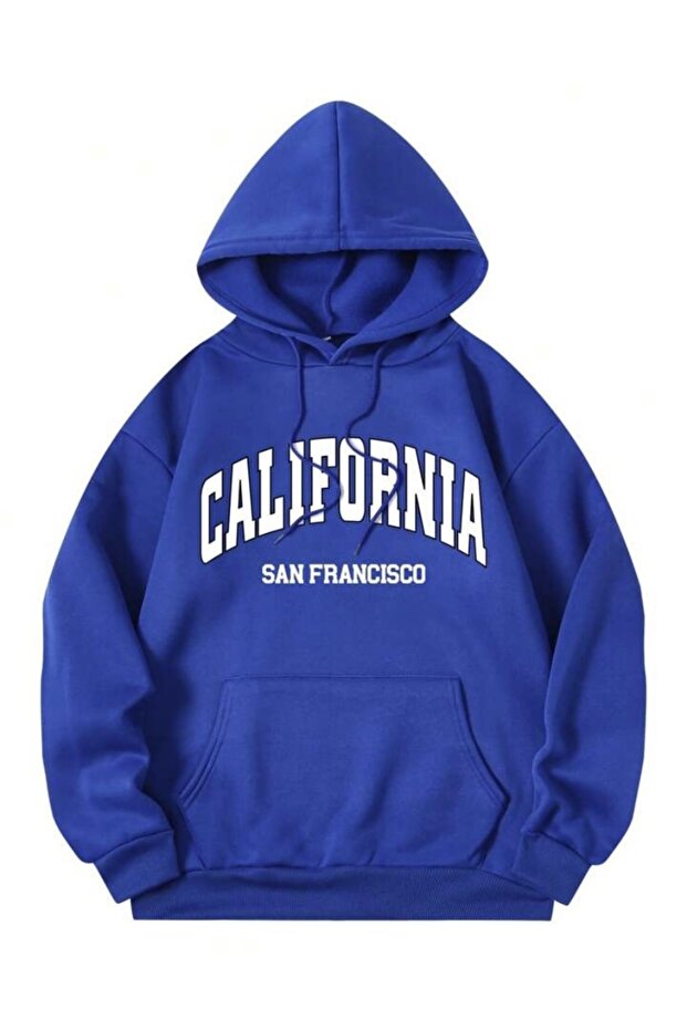 Unisex Cobalt Blue California Printed Hooded Oversize Sweatshirt