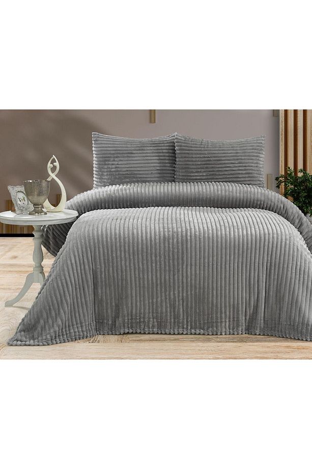 Açık Gri Tavşan Peluş Battaniyesi Çift Kişilik ( Set 3 Parça ) 2 Adet Yastık Yüksek Kalite - 6