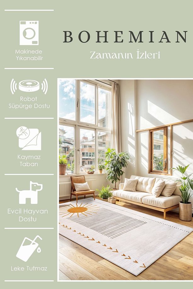 Bohem Yıkanabilir Kaymaz Taban Leke Tutmaz Salon Halısı Mutfak Halısı ve Yolluk - 3