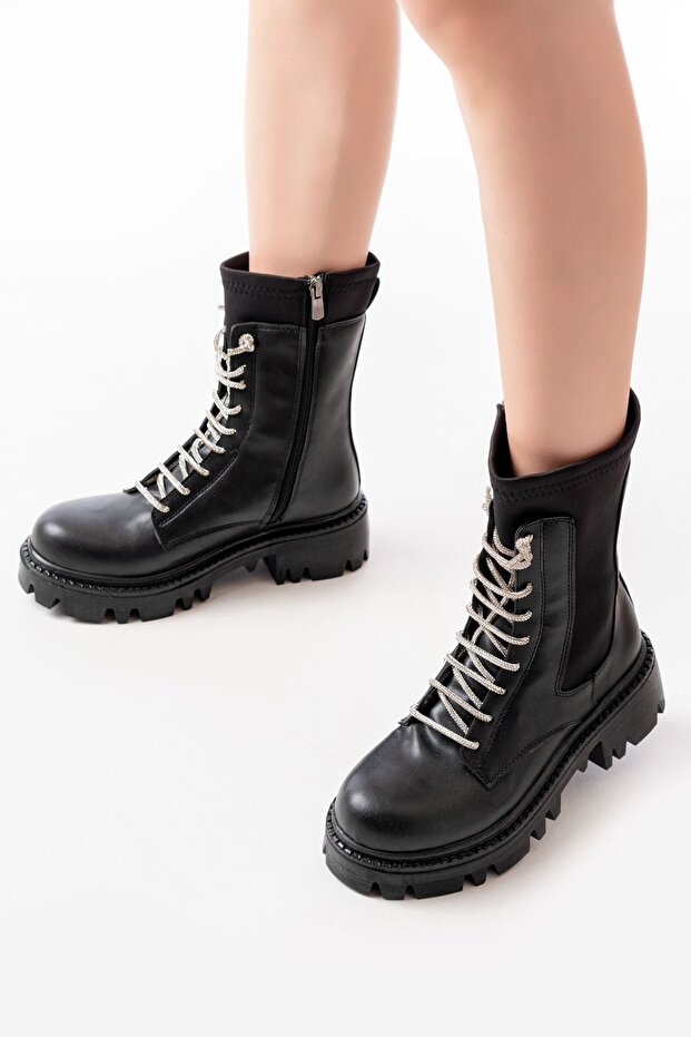868-2006 Black Flat Heeled Lace up Zippered Daily Women's Boots