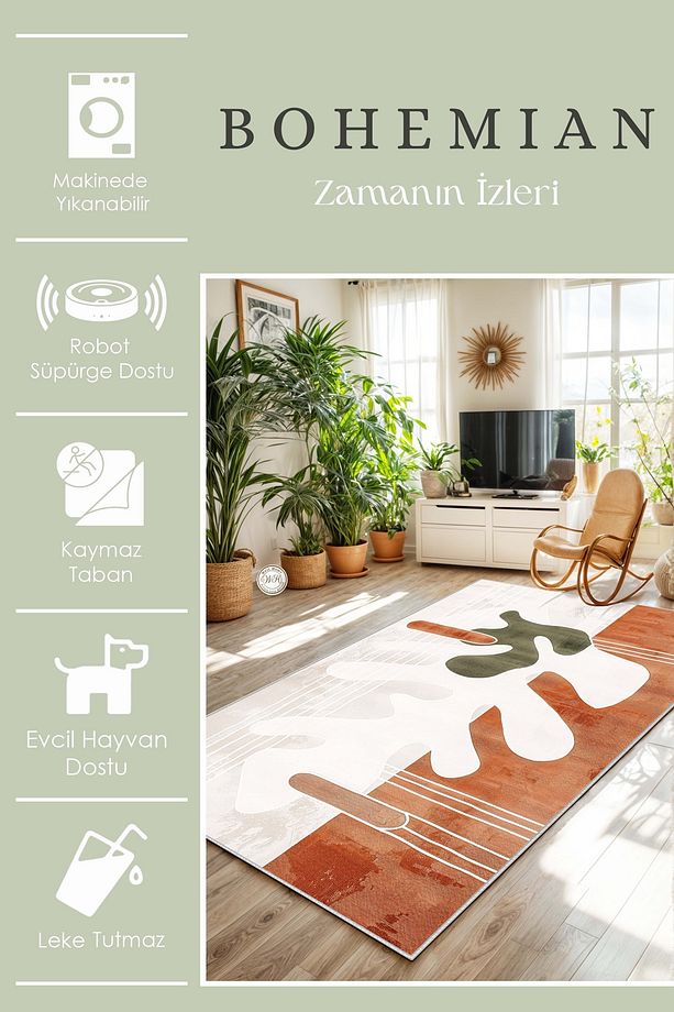 Bohem Yıkanabilir Kaymaz Taban Leke Tutmaz Salon Halısı Mutfak Halısı ve Yolluk - 3