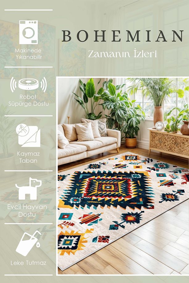 Bohem Yıkanabilir Kaymaz Taban Leke Tutmaz Salon Halısı Mutfak Halısı ve Yolluk - 3