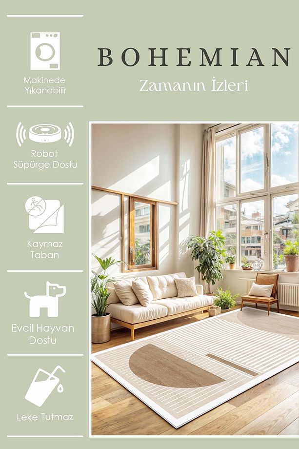 Bohem Yıkanabilir Kaymaz Taban Leke Tutmaz Salon Halısı Mutfak Halısı ve Yolluk - 3
