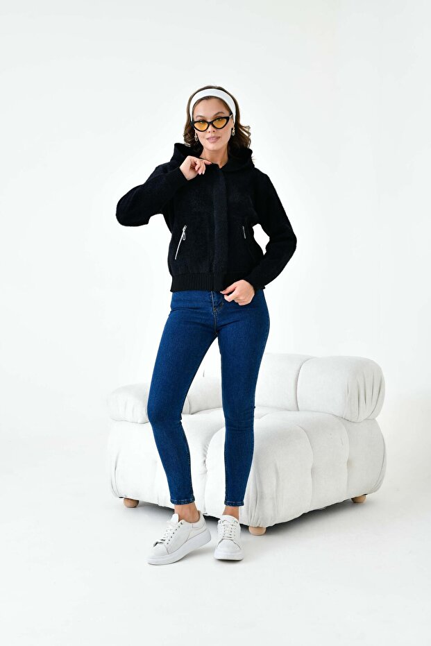 Women's Short Pocket Detailed Cardigan Black 20780