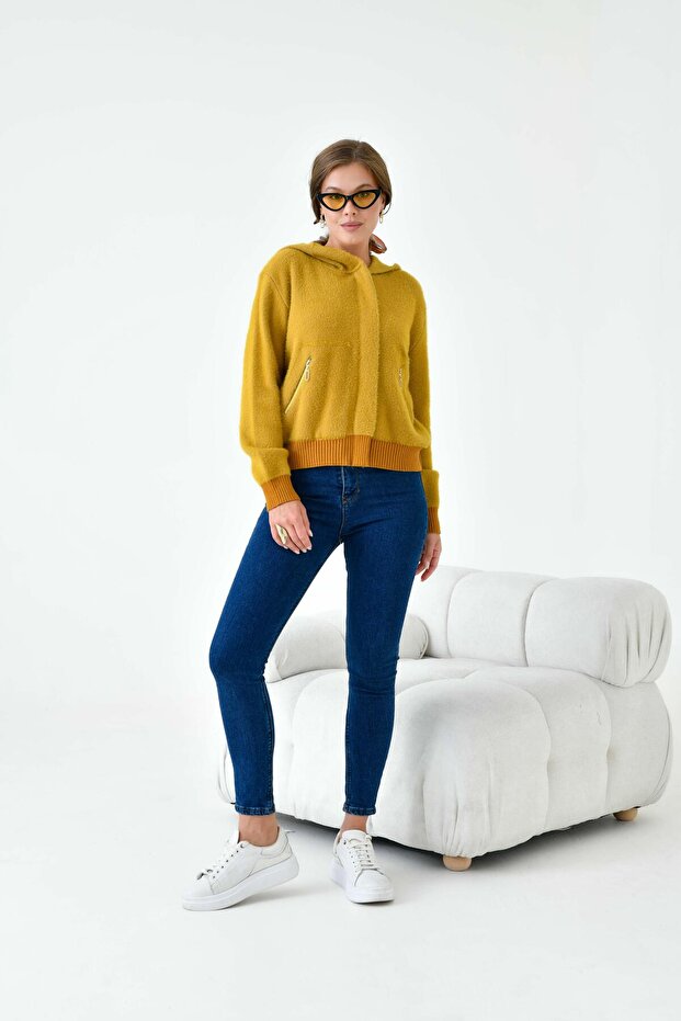 Women's Short Pocket Detailed Cardigan Mustard 20780