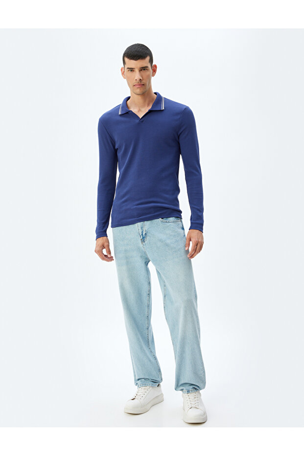 Slim Fit Long Sleeve Cotton V Polo Neck T-Shirt