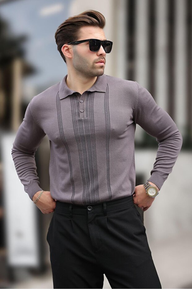 Dark Gray Polo Collar Striped Men's Knitwear Sweater 7265