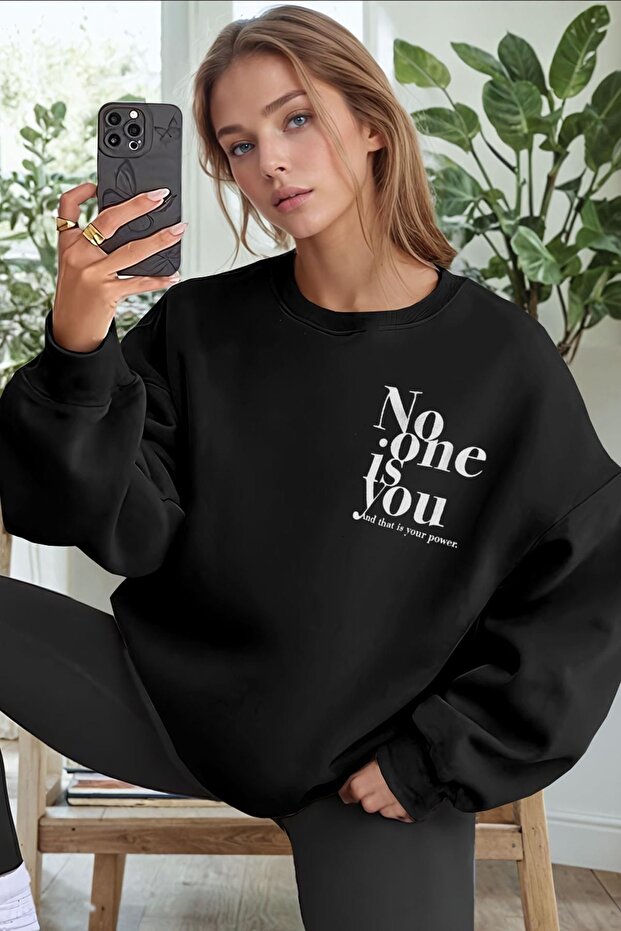 Women's Black No-One Printed 0 Crew Neck Oversize Loose Loose Cut Fleece Sweatshirt
