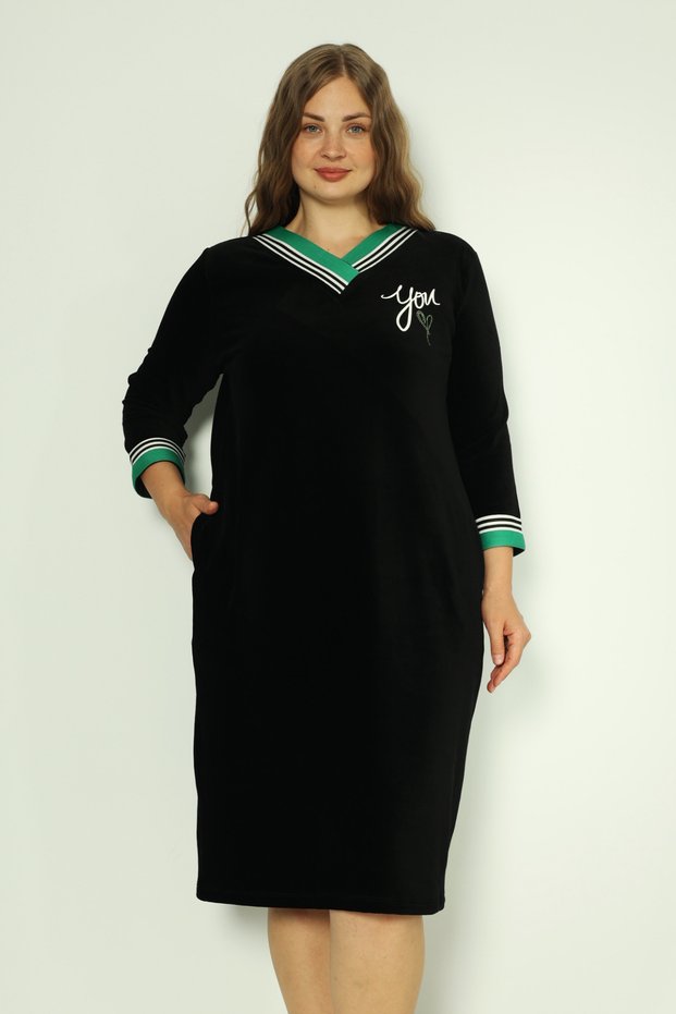 Women's Navy Blue Plus Size Three-Quarter Sleeves Cotton Velvet Stone and Printed Green Collar Detail Dress