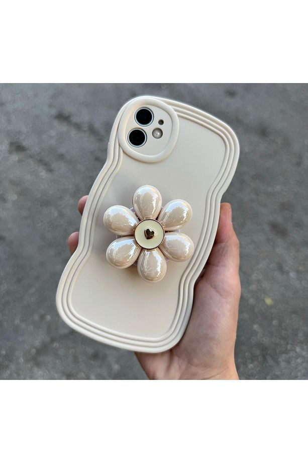 İPHONE 11 UYUMLU KENARLARI DALGALI POP SOCKETLI EKRU KILIF - 2