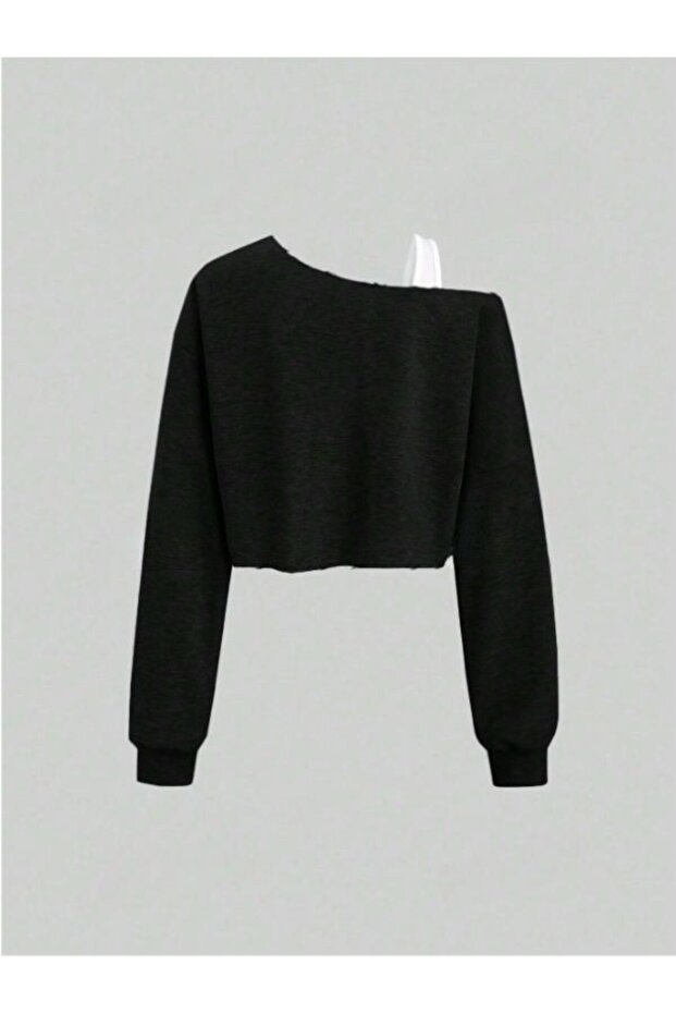 Kadın Tek Omuz Kalın Askılı Oversize Crop Sweatshirt - 2