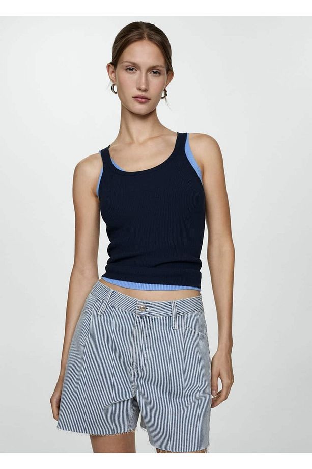 Çizgi desenli denim şort - 1