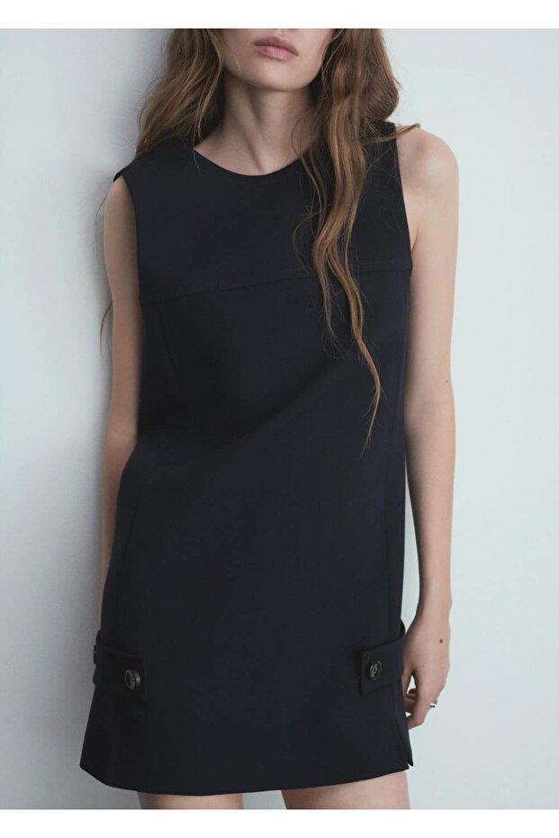 Dekoratif Düğmeli Kısa Elbise - 6