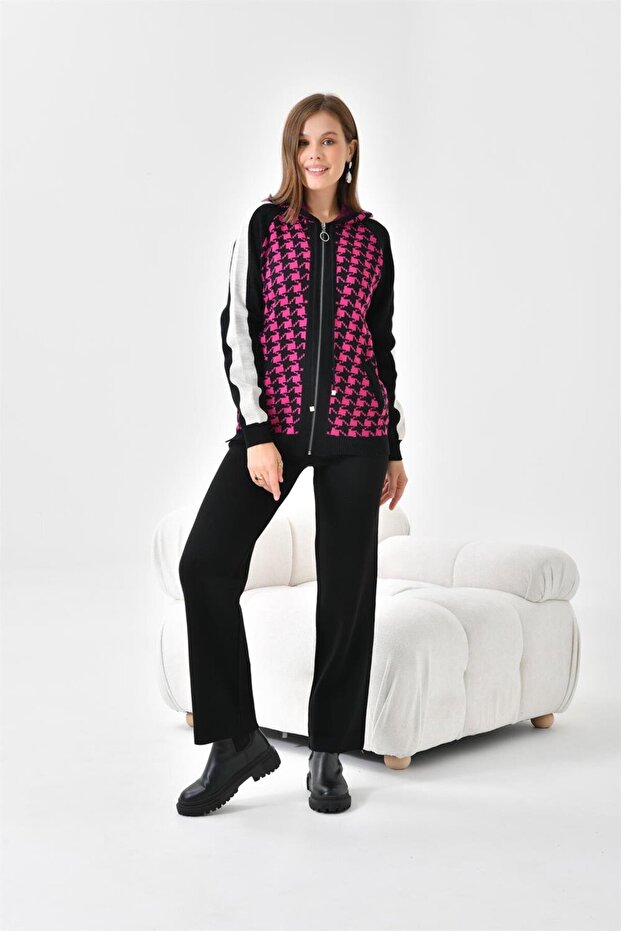 Women's hooded crowbar patterned double set black ecru 20536