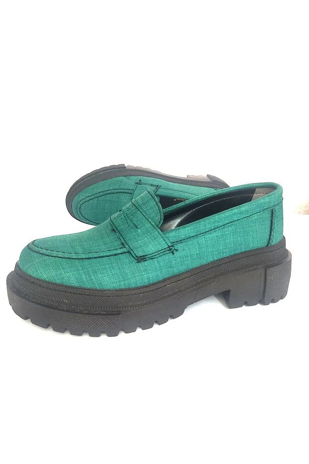 Kadın Kalın Topuklu Makosen Yeşil Kot Loafer Ayakkabı - 3