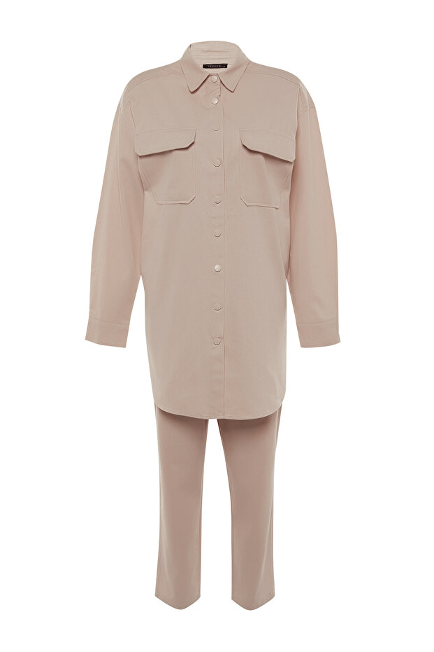 Krem Gabardin Kumaş Safari Cep Detaylı Çıtçıt Detay Gömlek-Pantolon Dokuma Takım TCTAW22US0013 - 7
