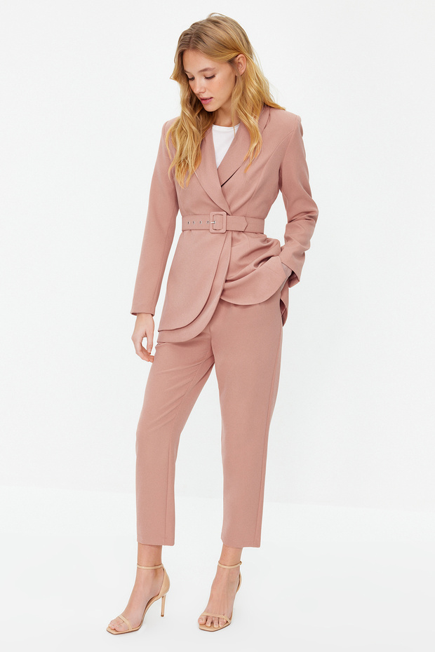 Jacke mit Kreppfutter und Gürtel in Pulverform, Hose mit gewebtem Oberteil und Unterteil, Anzug TCTSS24US00010 - 2