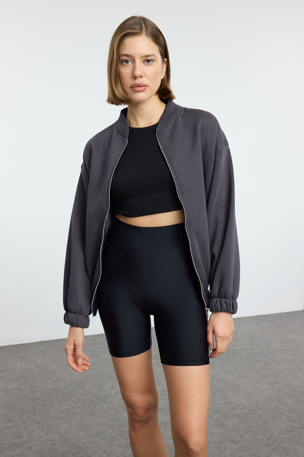 Antrasit Fermuarlı Oversize/Geniş Kalıp Kalın İçi Polarlı Örme Sweatshirt TWOAW25SW00122 - 2