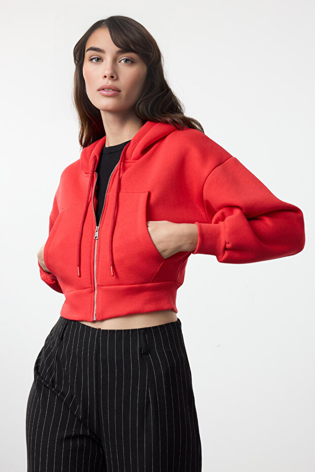 Kırmızı Regular/Normal Kalıp Kapüşonlu Kalın içi Polarlı Örme Hırka/Sweatshirt TWOAW25SW00068