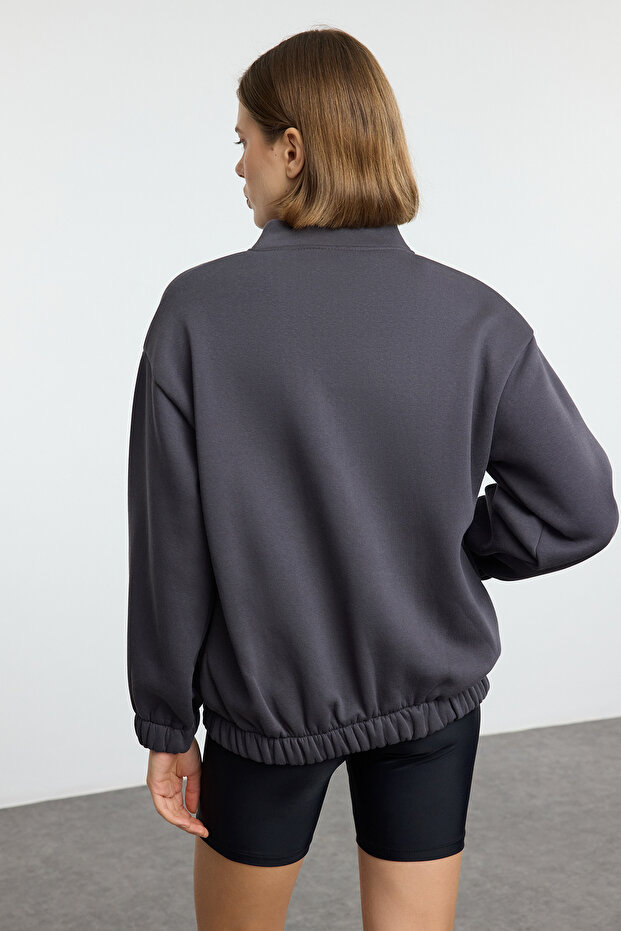 Antrasit Fermuarlı Oversize/Geniş Kalıp Kalın İçi Polarlı Örme Sweatshirt TWOAW25SW00122 - 5