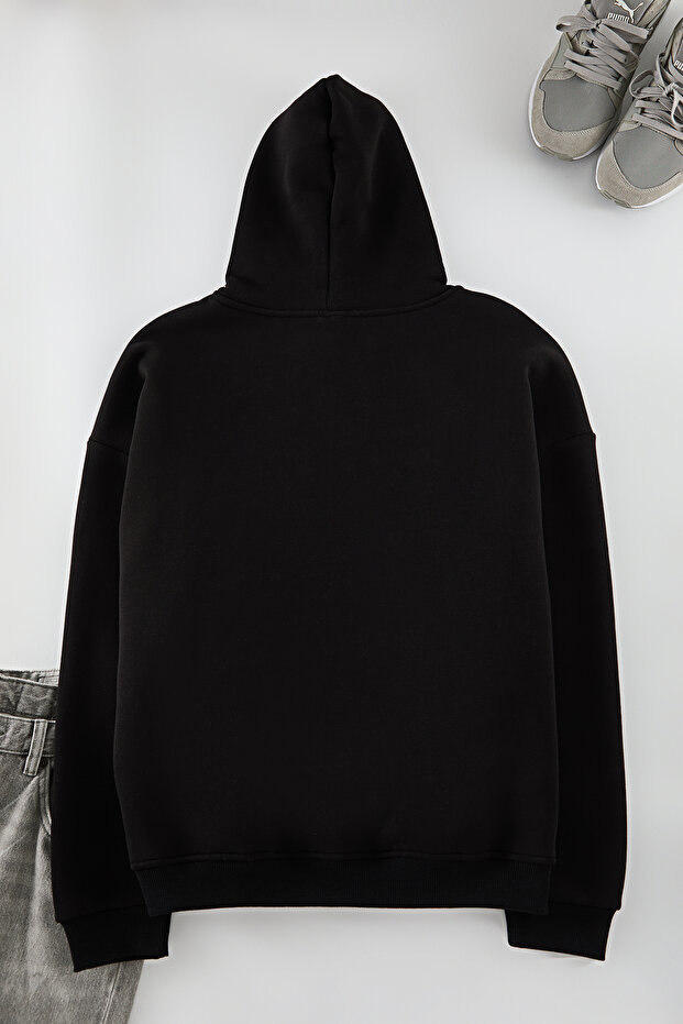 Siyah Oversize/Geniş Kesim İçi Polarlı Kapüşonlu Yazı Nakışlı Sweatshirt TMNAW24SW00029 - 10