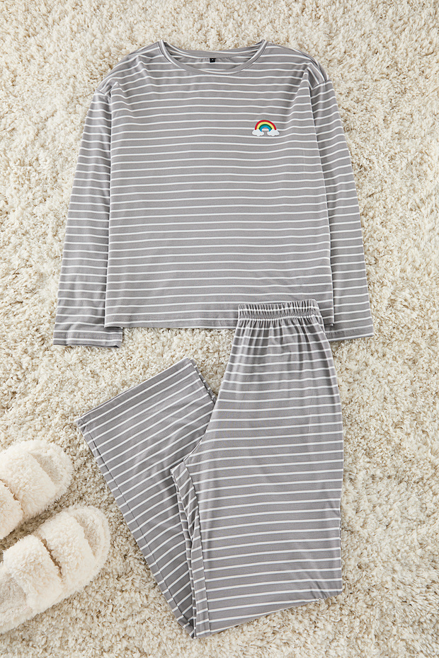 Gri Çizgili Gökkuşağı Baskılı Viskon Örme Pijama Takımı THMAW25PT00014 - 2