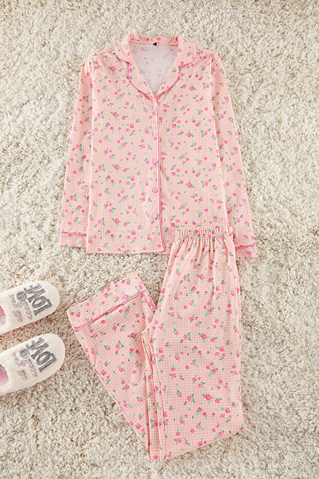 Pembe %100 Pamuklu Çiçekli Biyeli Örme Pijama Takımı THMAW25PT00202 - 2
