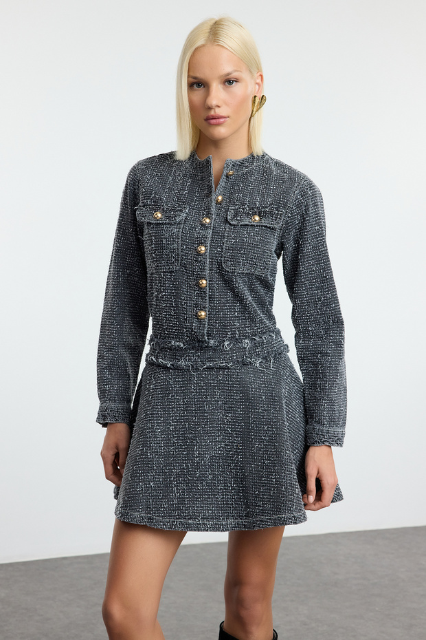 Gri Dokulu Eteği Volanlı Mini Denim Elbise TWOAW25EL00515 - 2