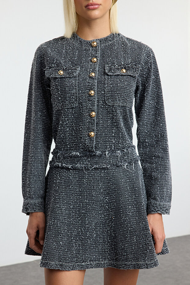 Gri Dokulu Eteği Volanlı Mini Denim Elbise TWOAW25EL00515 - 3