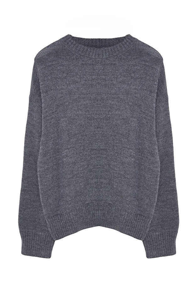 Anthrazitfarbener, locker geschnittener, weich strukturierter Strickpullover TWOAW25KZ00168 - 7