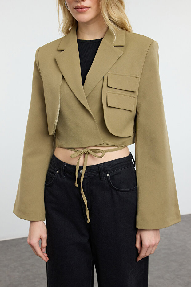 Açık Haki Crop Astarlı Kruvaze Dokuma Blazer Ceket TWOAW23BC00076 - 3