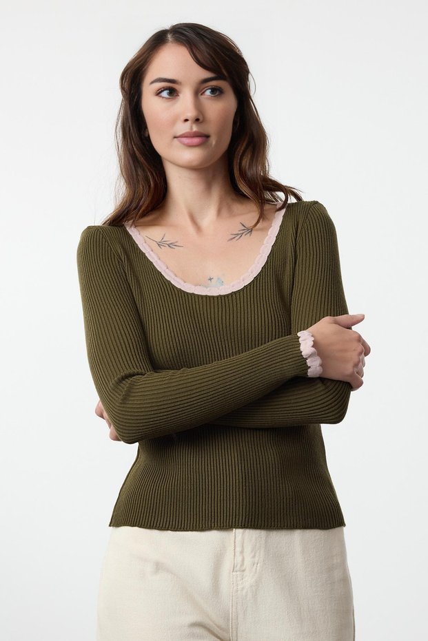 Green Ribbed Pool Collar Color Block Knitwear Sweater Twoaw25Kz00242