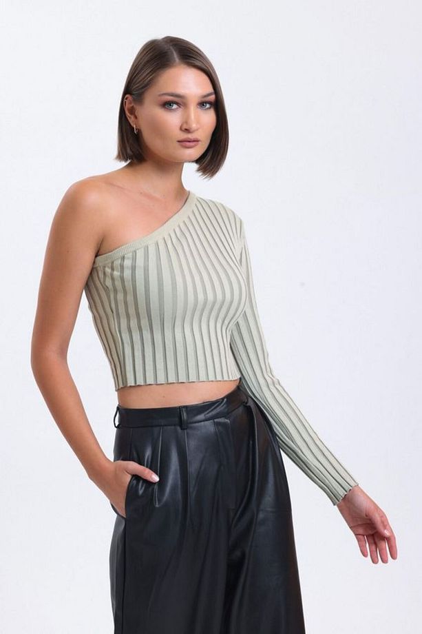 Çizgili Tek Omuzlu Fitilli Örme Crop Bluz - 3