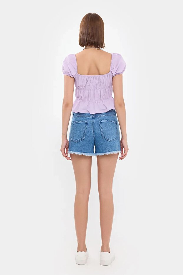 Kare Yaka Kısa Kollu Peplum Üst - 4