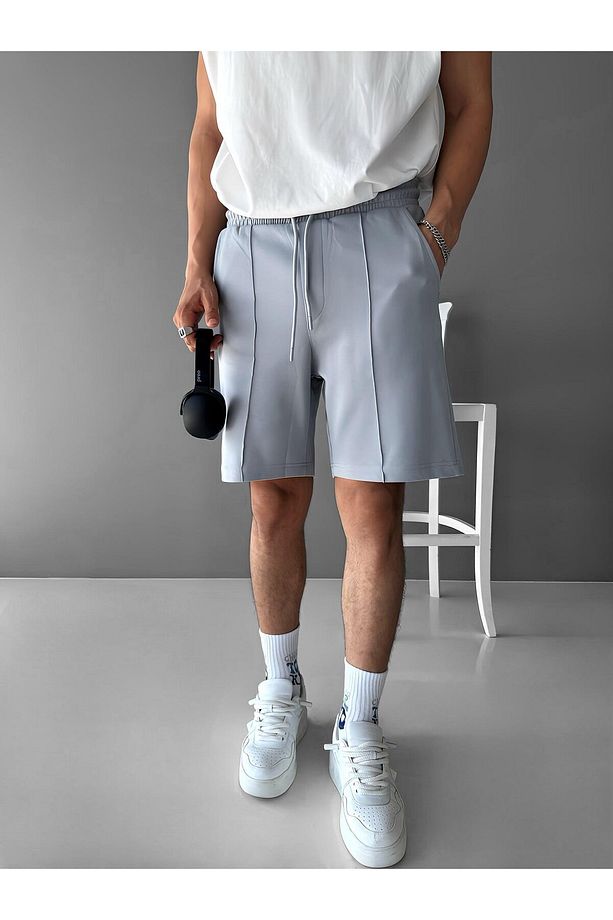Erkek Oversize Beli Lastikli Şort Gri - 3