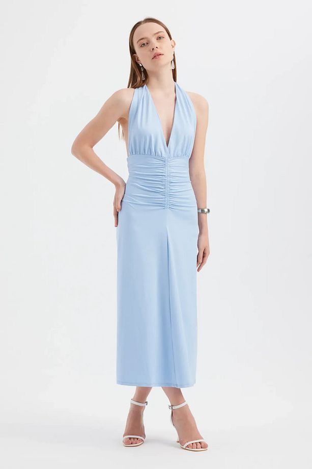 Sırt Dekolteli Halter Yaka Midi Elbise - 3