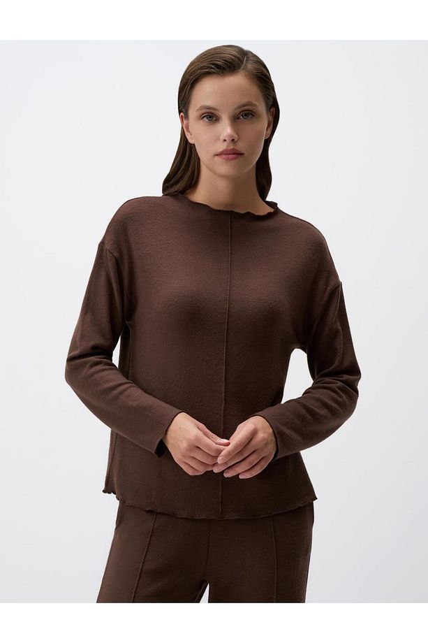 Kahve Melanj Düz Kesim Kayık Yaka Örme Sweatshirt - 1