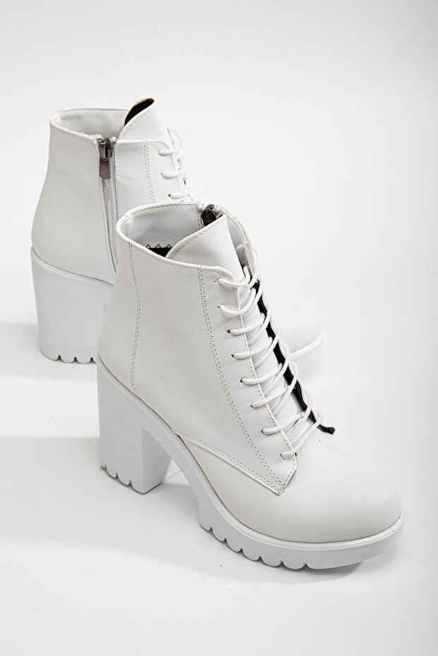 Lace-Up Women's Heeled Boots White Skin White