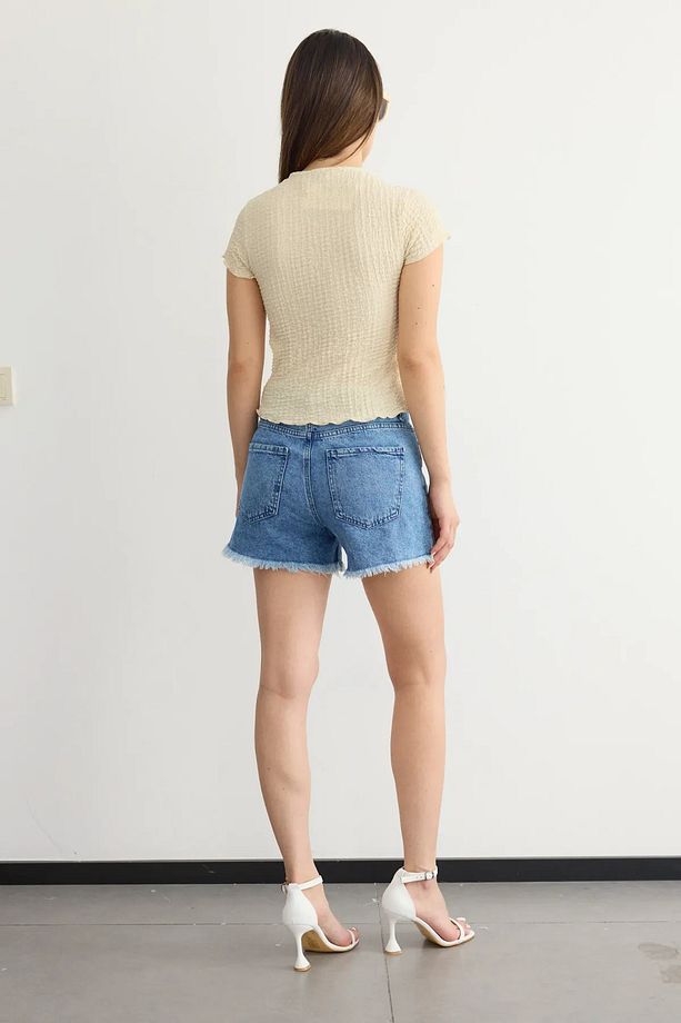 Dokuma Bisiklet Yaka Kısa Kollu Crop Top - 4