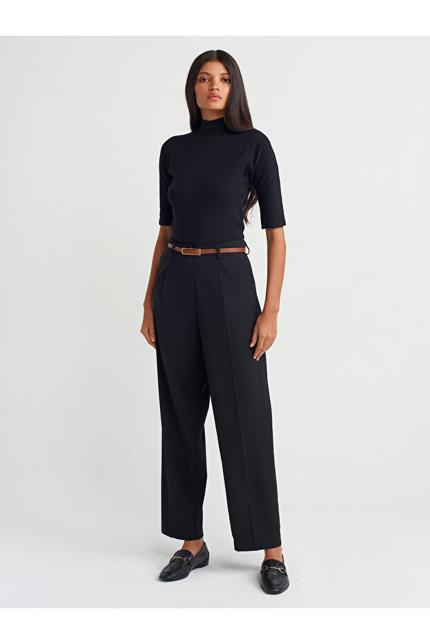 71552 Model - Black Belted Straight Fit Trousers