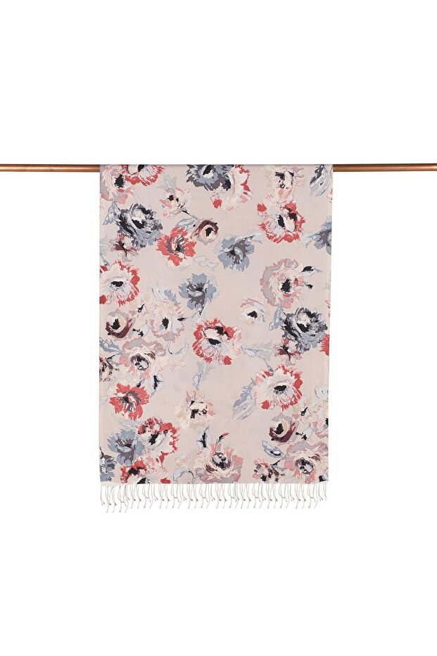 Patterned Silk Shawl - Layered Peony Pattern - Silver - 4