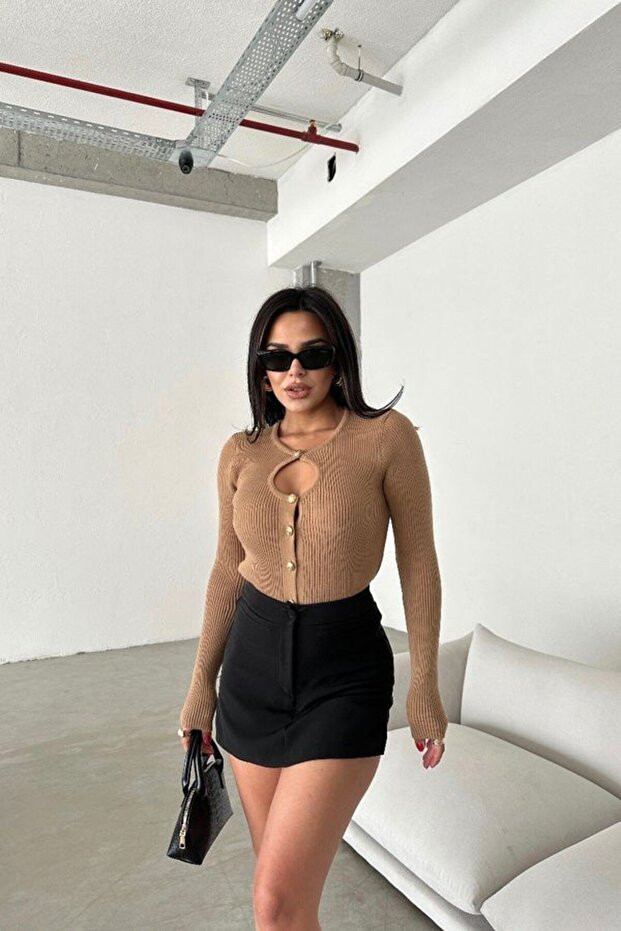 Bisiklet Yaka Yırtmaç Detaylı Fitilli Kazak - 1