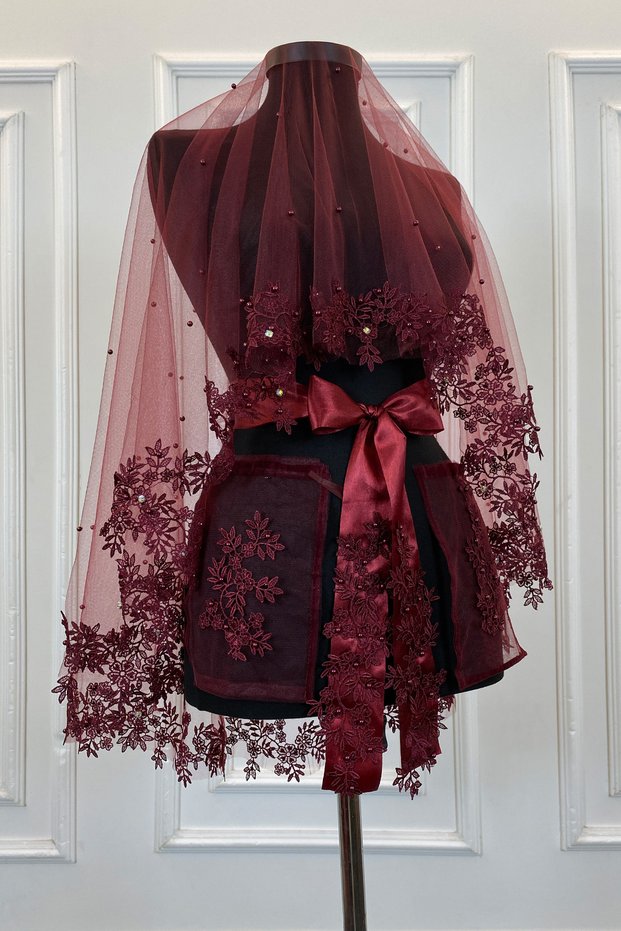 Burgundy Bridal Veil Set, Pearl and Shiny Stone Decorated Henna Night Veil Alı Cover 6 Pieces