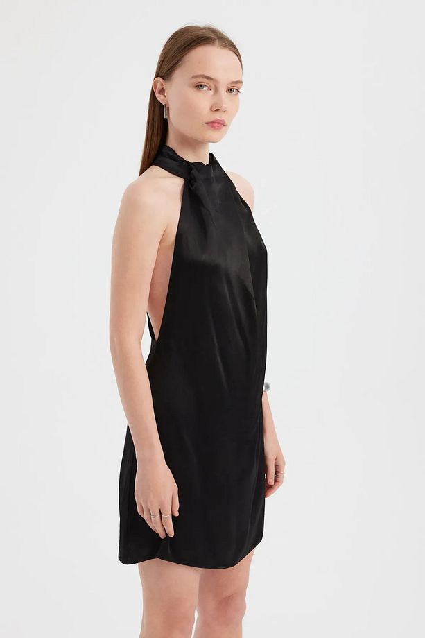 Sırt Dekolteli Saten Halter Boyun Mini Elbise - 3