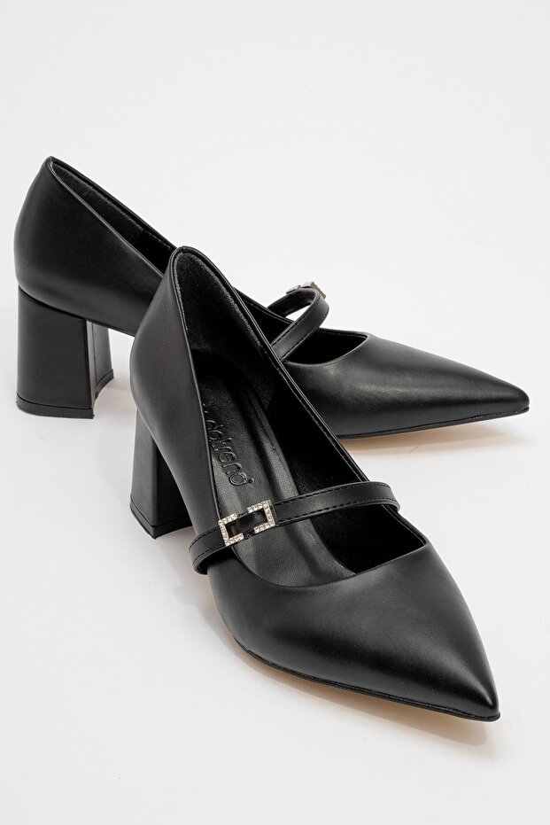 Women's Belted Stone Heeled Shoes Black Leather