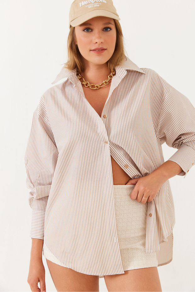 Women's Beige Metallic Thread Striped Shirt Mbms021 60501021