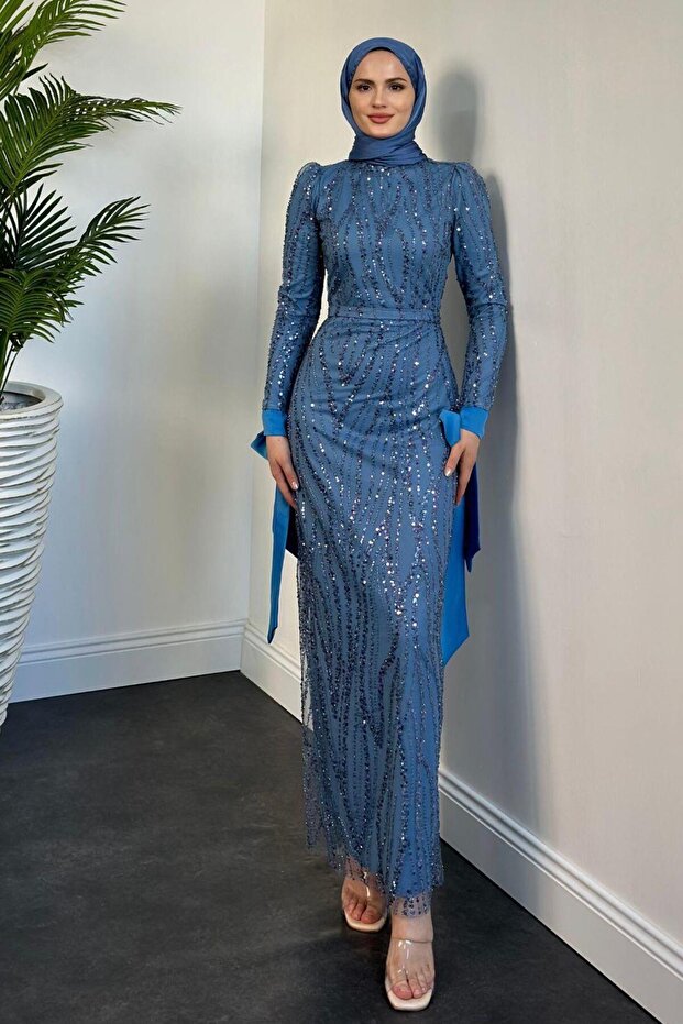 Blue Sequined and Laced September Evening Dress