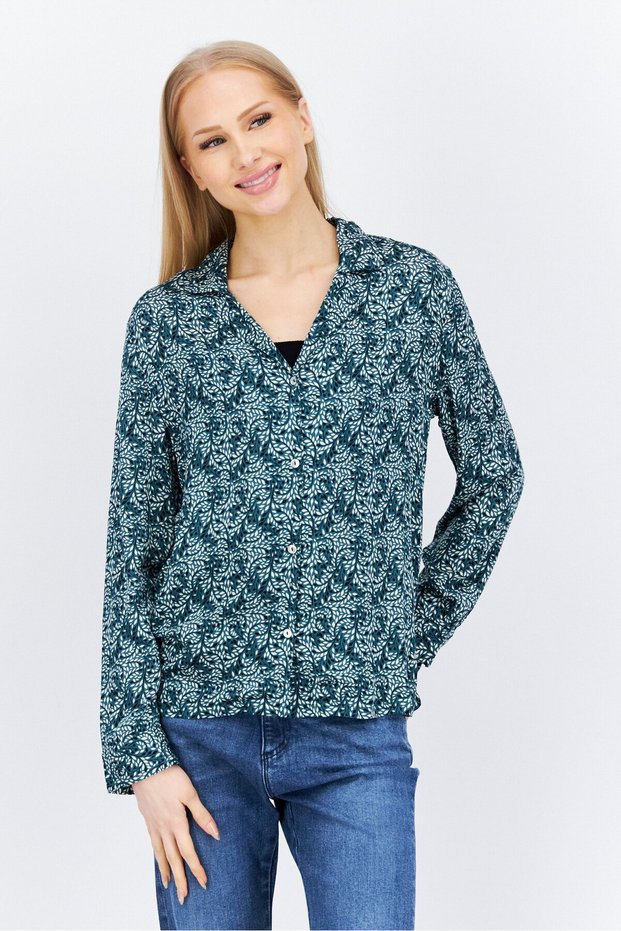 Women Notched Collar Floral Print Shirt, Green